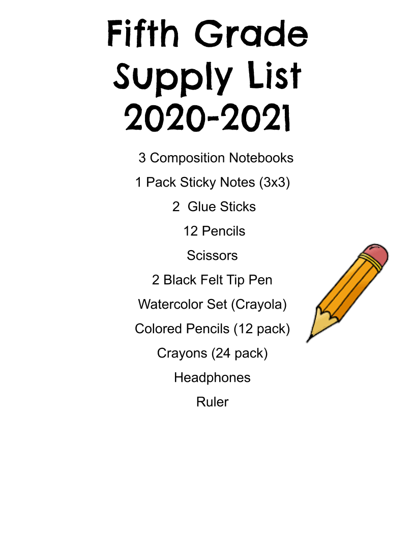 Fifth Grade Supply List Little Run Elementary School